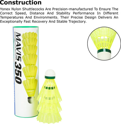 YONEX  MAVIS 350 Nylon Shuttle - Yellow (Slow, 75, Pack of 6)  1x